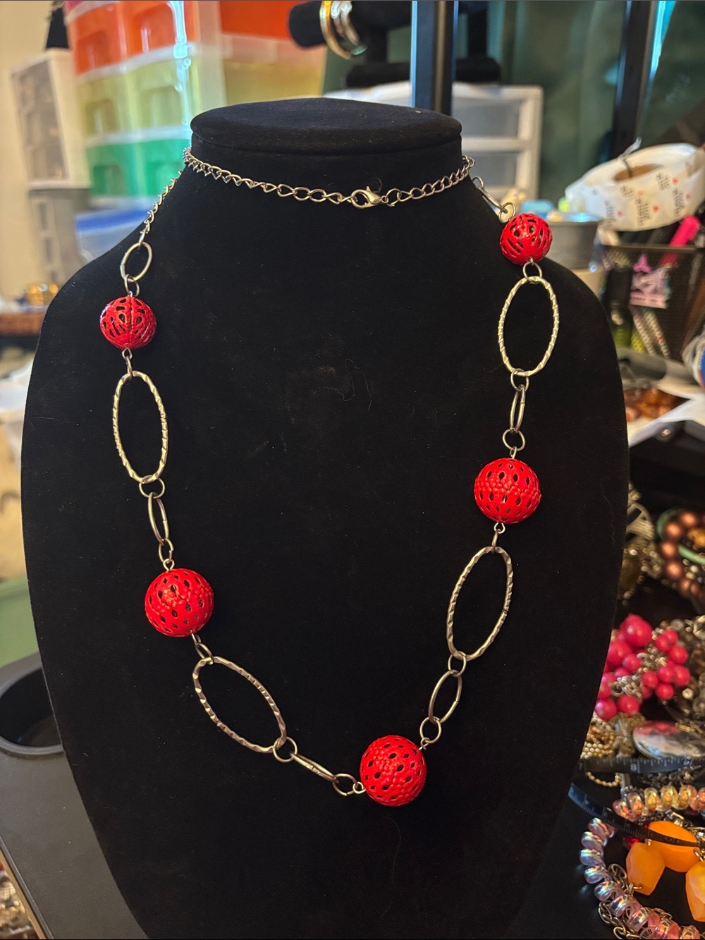Red Bead Link Necklace - Elegant Women's Jewelry